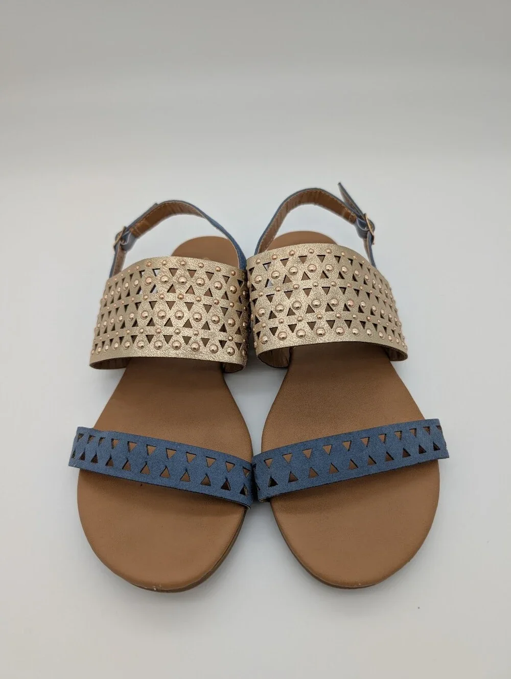 Qupid Geometric Laser Cut Studded Slingback Sandals Blue Metallic Gold
